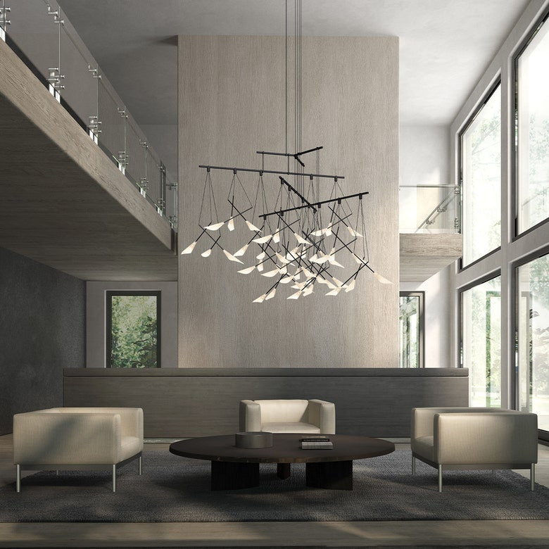 SONNEMAN Suspenders 48" 15-Light 4-Tier Branch Pendants With Petal Shade Satin Black Pendant Light