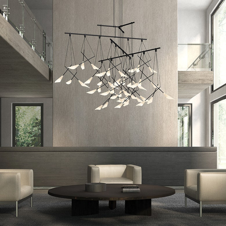 SONNEMAN Suspenders 48" 15-Light 4-Tier Branch Pendants With Petal Shade Satin Black Pendant Light
