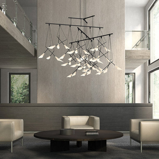 SONNEMAN Suspenders 48" 15-Light 4-Tier Branch Pendants With Petal Shade Satin Black Pendant Light