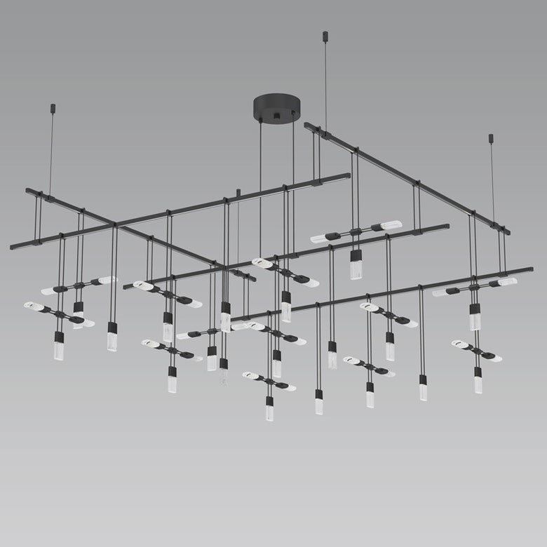SONNEMAN Suspenders 48" 6-Light 2-Tier Crystal Chiclet Luminaire Satin Black Ribbed Seeded Crystal Shade Linear Pendant Light