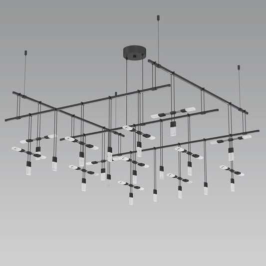SONNEMAN Suspenders 48" 6-Light 2-Tier Crystal Chiclet Luminaire Satin Black Ribbed Seeded Crystal Shade Linear Pendant Light