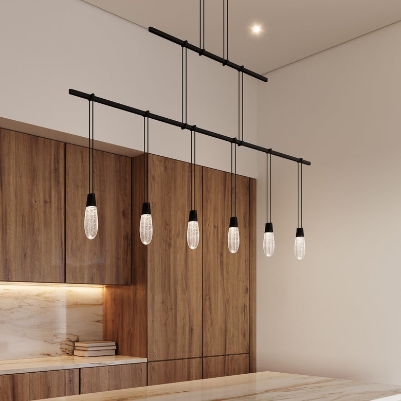 SONNEMAN Suspenders 48" 6-Light 2-Tier Crystal Teardrop Luminaires Satin Black Ribbed Seeded Crystal Shade Linear Pendant Light
