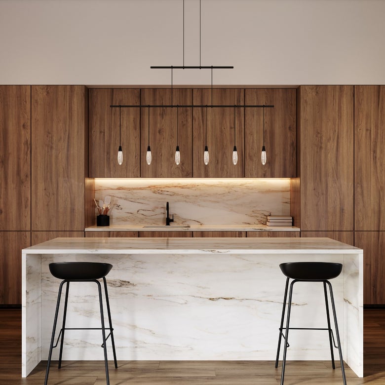 SONNEMAN Suspenders 48" 6-Light 2-Tier Crystal Teardrop Luminaires Satin Black Ribbed Seeded Crystal Shade Linear Pendant Light