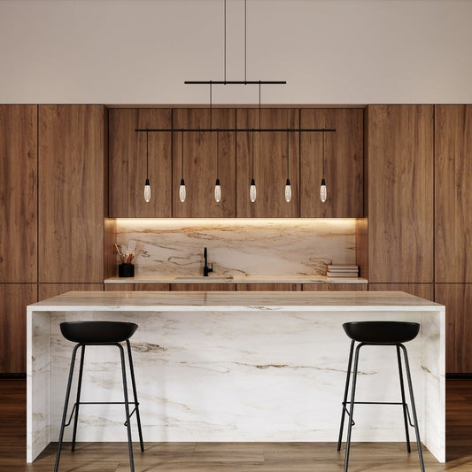 SONNEMAN Suspenders 48" 6-Light 2-Tier Crystal Teardrop Luminaires Satin Black Ribbed Seeded Crystal Shade Linear Pendant Light