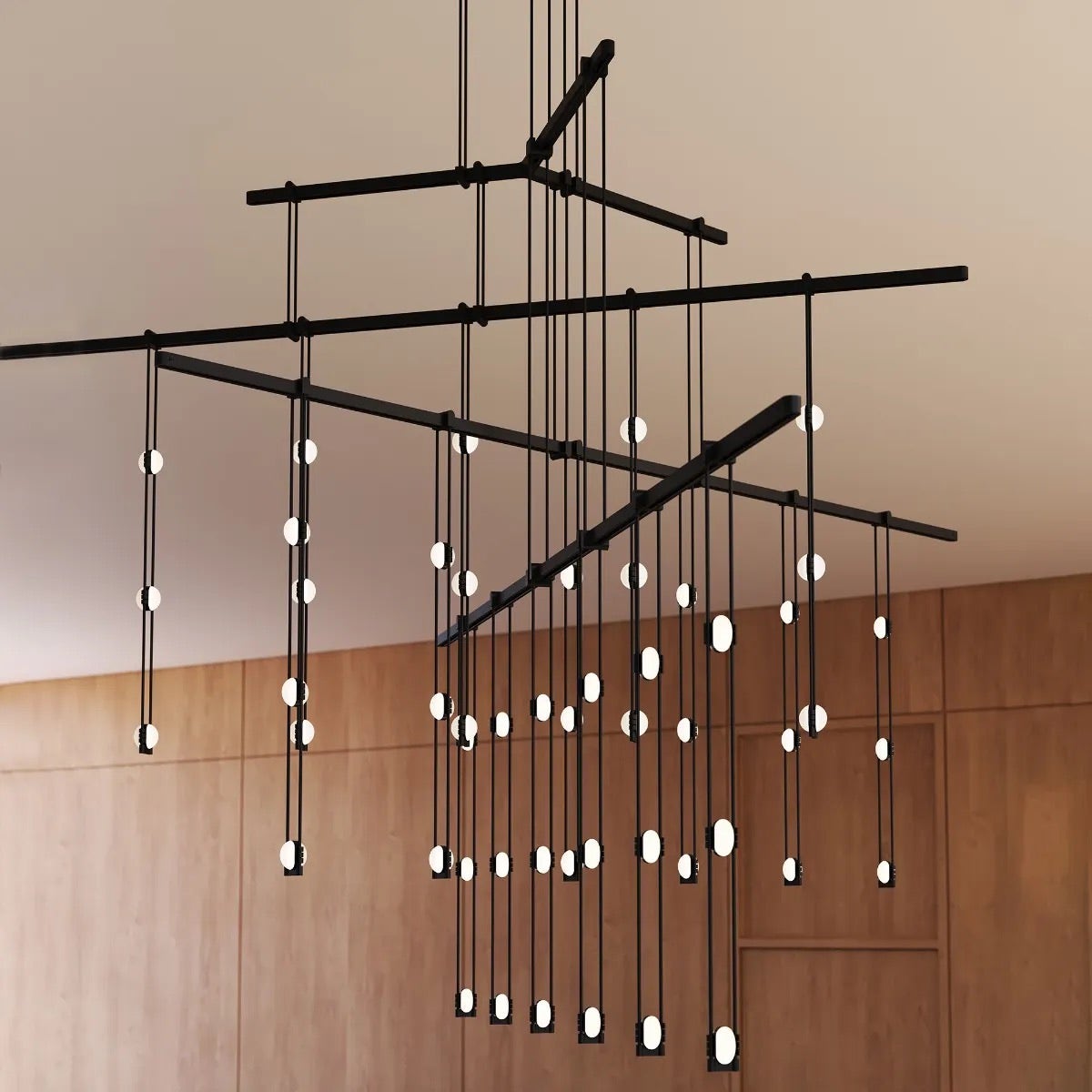 SONNEMAN Suspenders 72" 4-Tier Tri-Bar Crystal Ladder Satin Black Chandelier Light