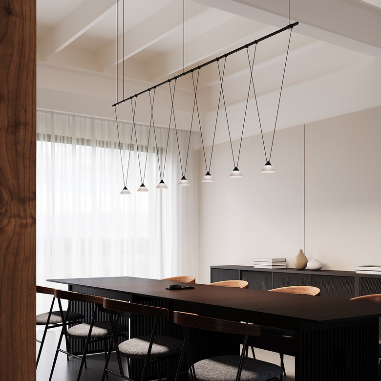 SONNEMAN Suspenders 96" 1-Tier V-Line Etched Glass Cone Luminaires Satin Black Linear Pendant Light