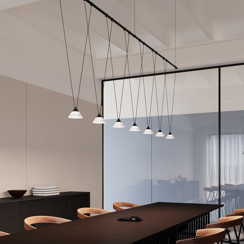 SONNEMAN Suspenders 96" 1-Tier V-Line Etched Glass Cone Luminaires Satin Black Linear Pendant Light