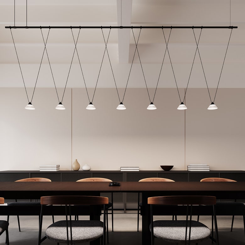 SONNEMAN Suspenders 96" 1-Tier V-Line Etched Glass Cone Luminaires Satin Black Linear Pendant Light