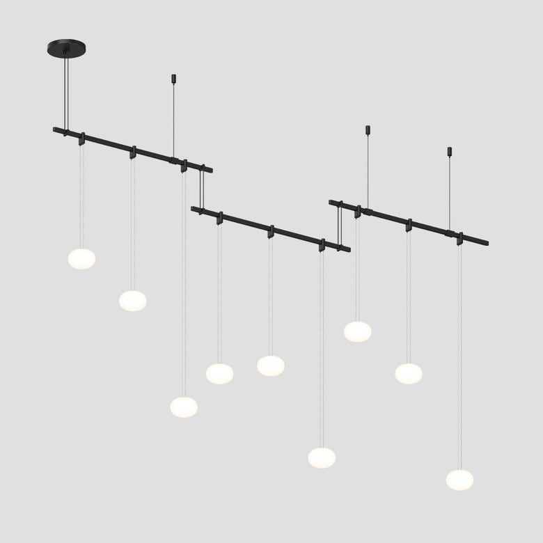 SONNEMAN Suspenders 96" 3-Bar Offset Height Adjustable Etched Globe White Glass Shade Satin Black Linear Flush Mount Lighting