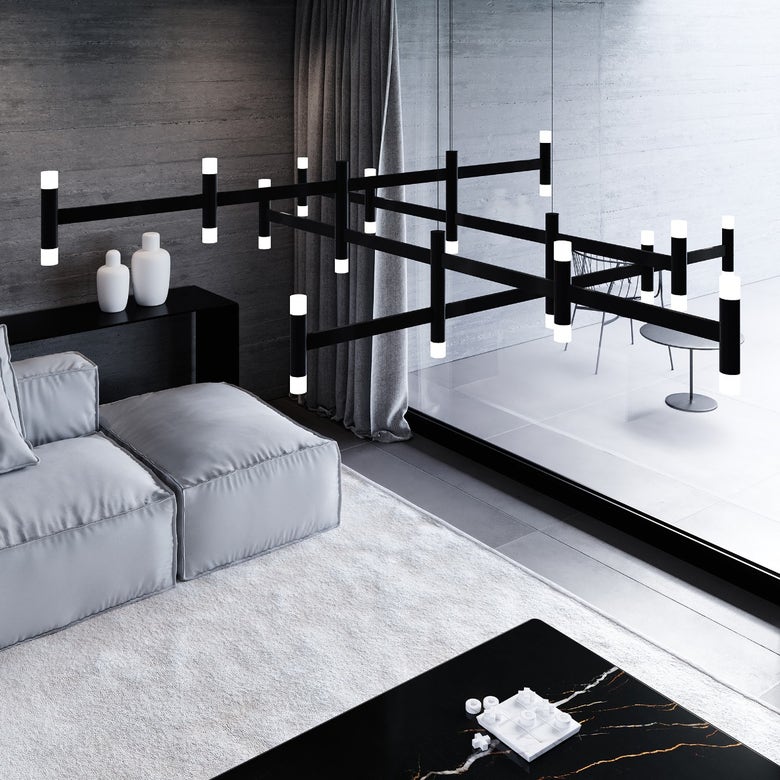 SONNEMAN Systema Staccato Hash 28-Light Satin Black Frosted Acrylic Shade Chandelier