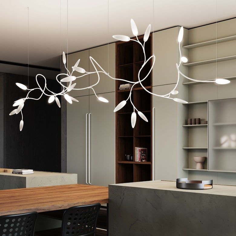 SONNEMAN Vines 26-Light LED Large Satin White and White Crushed Glass Shade Chandelier With 6FT Cord Length
