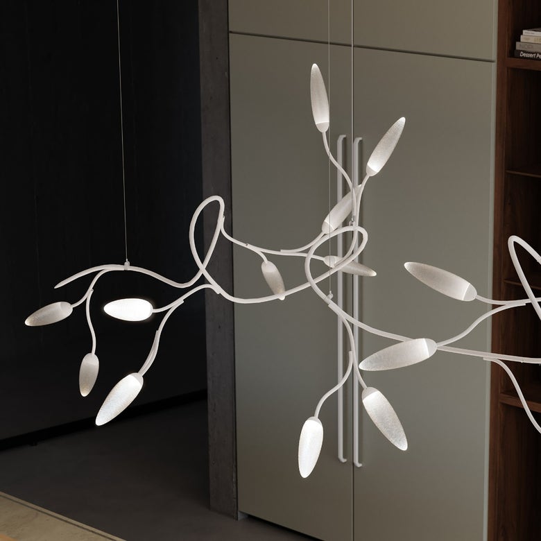 SONNEMAN Vines 26-Light LED Large Satin White and White Crushed Glass Shade Chandelier With 6FT Cord Length