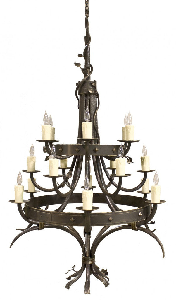 Stone County Ironworks Enchanted Forest 42" 18 Arm Hand Rubbed Pewter Iron Chandelier With Gold Iron Accent and Amber Drip Cover