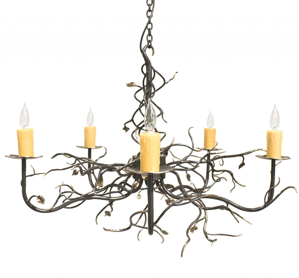 Stone County Ironworks Garden Gate 36" 5 Arm Hand Rubbed Ivory Iron Chandelier With Pewter Iron Accent and Amber Drip Cover