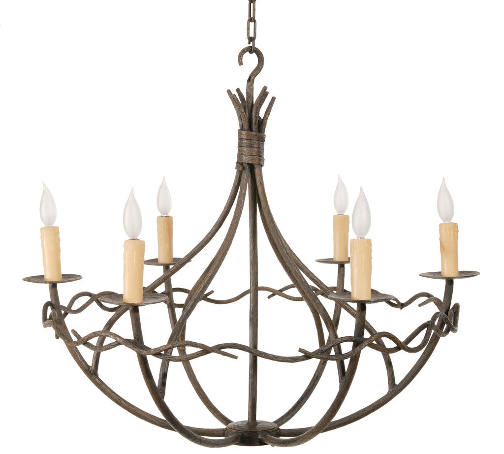 Stone County Ironworks Norfork 34" 6 Arm Natural Black Iron Chandelier With Ivory Drip Cover