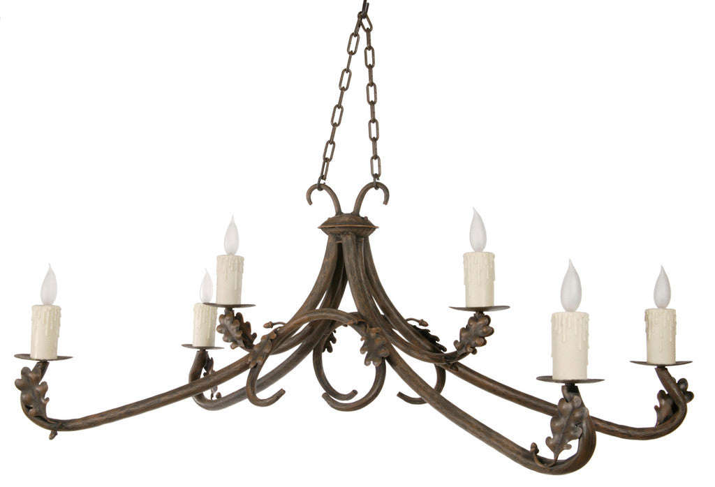 Stone County Ironworks Oakdale 45" 6 Arm Natural Black Iron Chandelier With Pewter Iron Accent and Ivory Drip Cover