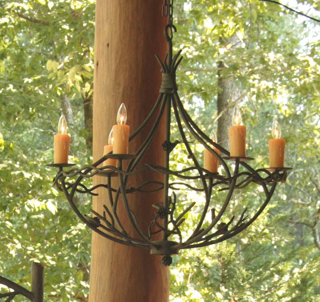 Stone County Ironworks Pine 34" 6 Arm Hand Rubbed Brass Iron Chandelier With Ivory Drip Cover