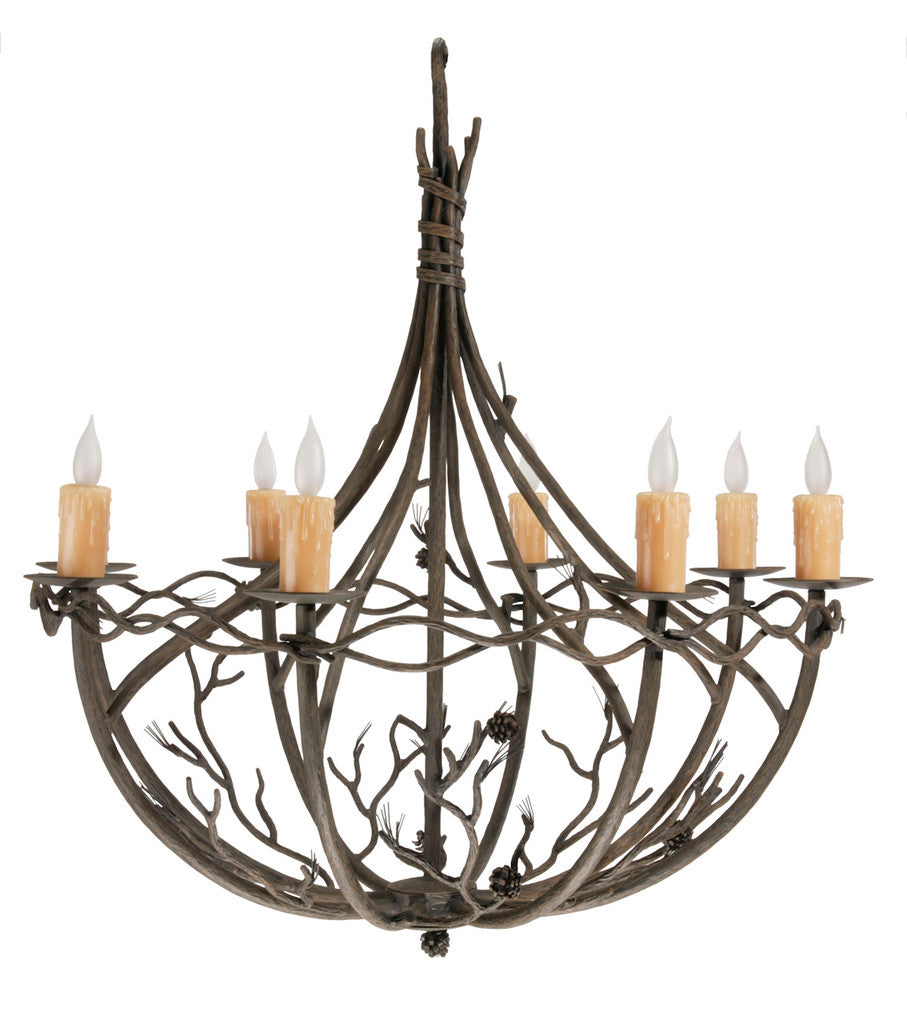 Stone County Ironworks Pine 41" 8 Arm Natural Bark Iron Chandelier With Amber Drip Cover