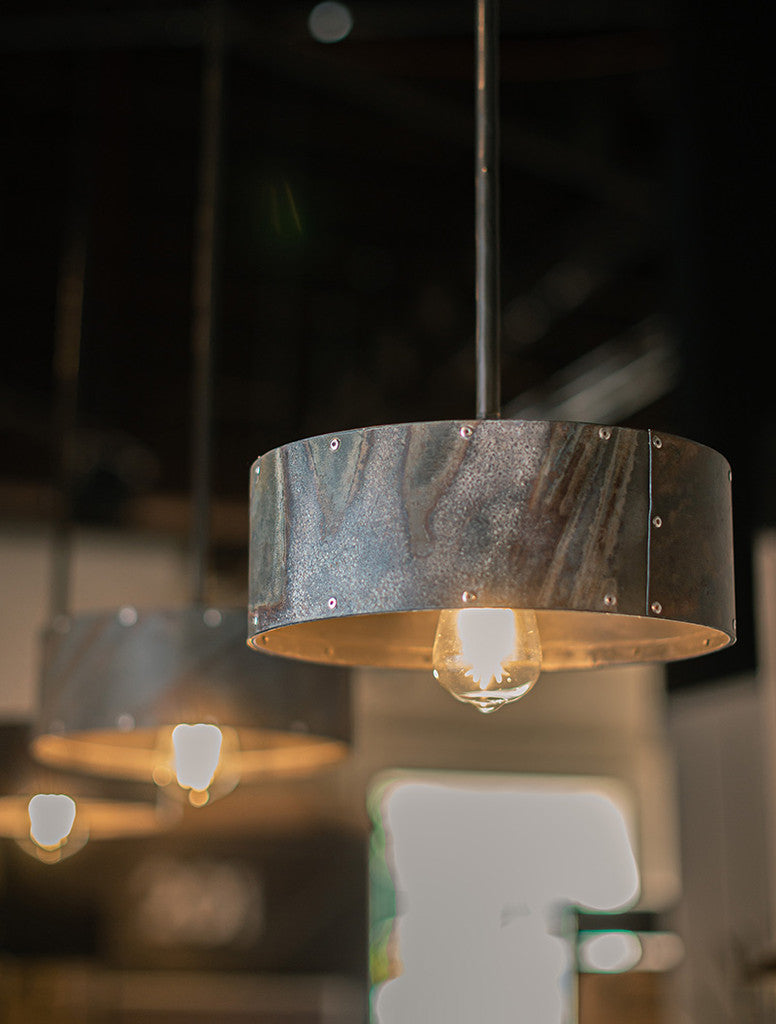 Stone County Ironworks Urban Forge 13" Burnished Gold Iron Pendant Lamp With Pewter Iron Accent and Copper Shade
