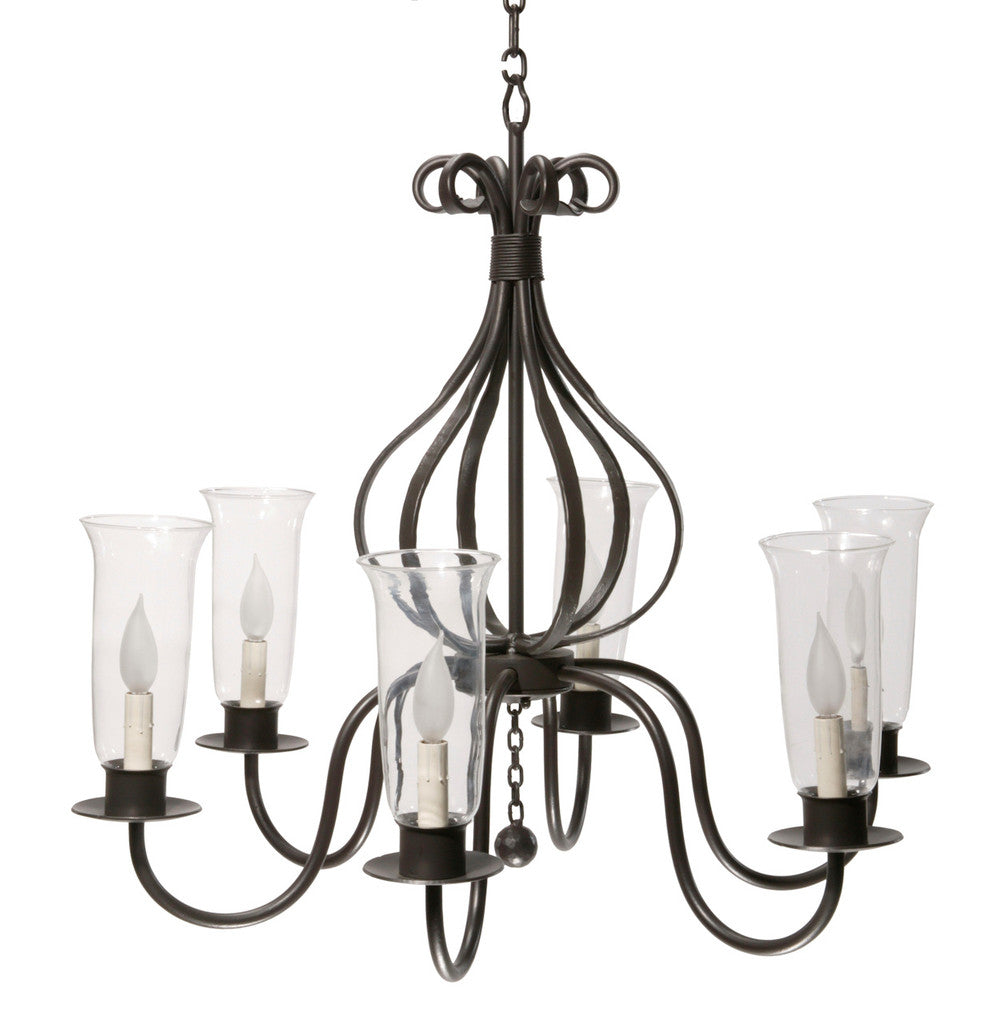Stone County Ironworks Williamsburg Carriage 30" 6 Arm Hand Rubbed Ivory Iron Chandelier With Copper Iron Accent and Amber Drip Cover