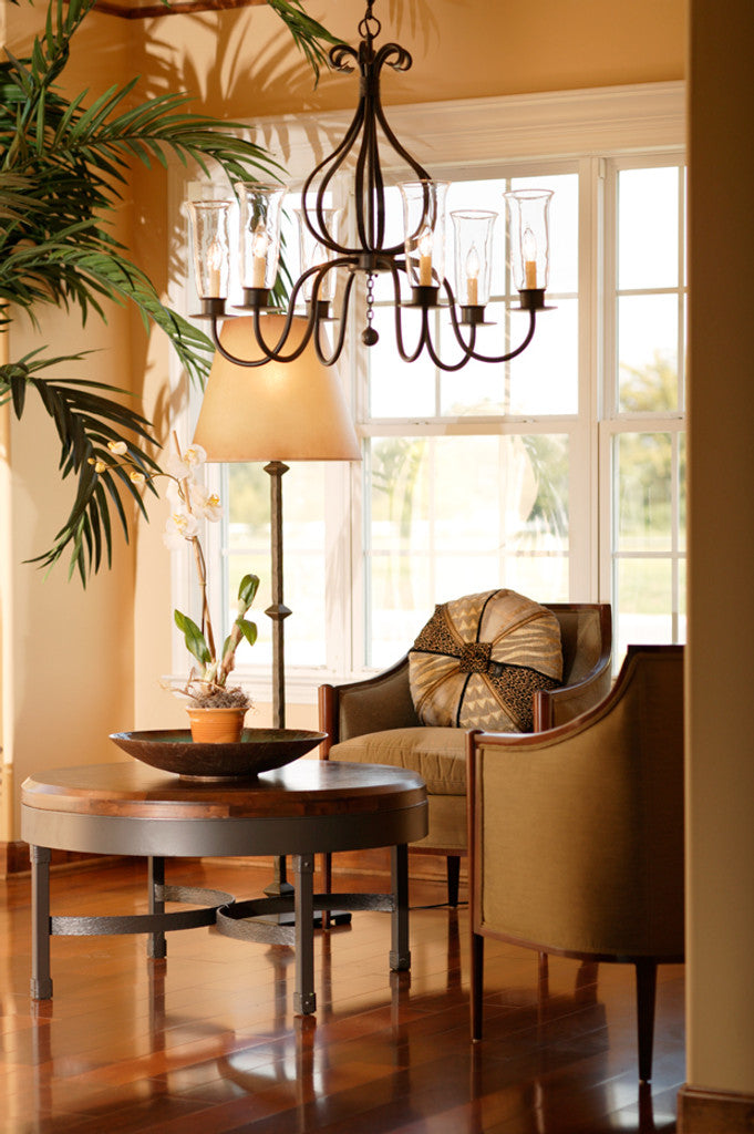 Stone County Ironworks Williamsburg Carriage 30" 6 Arm Hand Rubbed Ivory Iron Chandelier With Pewter Iron Accent and Amber Drip Cover