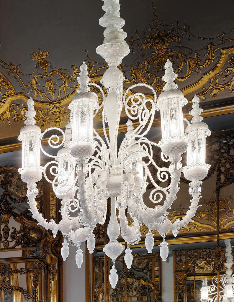 Sylcom Bucintoro 1798/6-PA-BL.CR Milk White and Clear Chandelier in Silver Bronzing Metal Finish