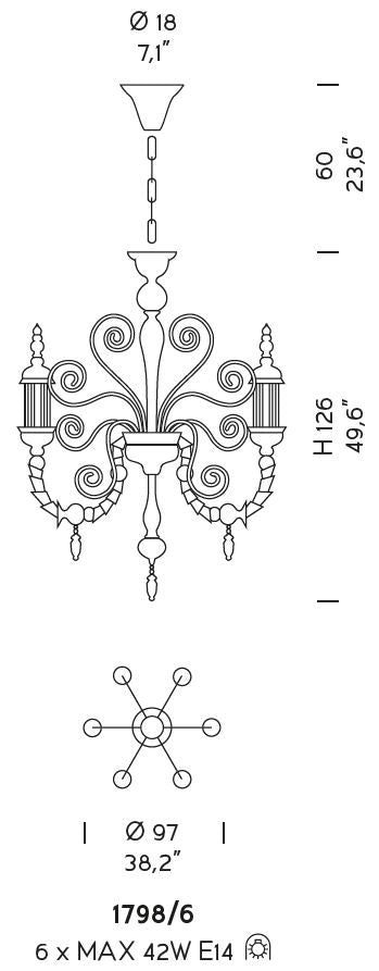 Sylcom Bucintoro 1798/6-PO-AMT.ORO Amethyst and 24Kt Gold Chandelier in Gold Bronzing Metal Finish