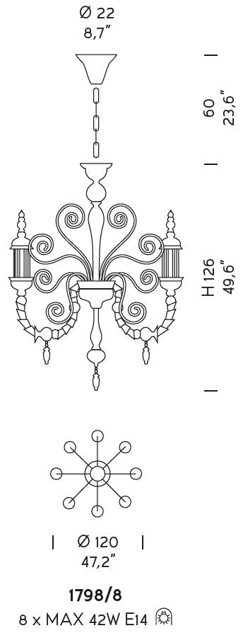 Sylcom Bucintoro 1798/8-PA-CR Clear Chandelier in Silver Bronzing Metal Finish