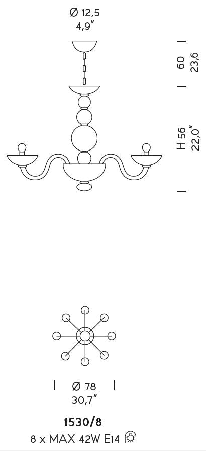 Sylcom Candiano 1530/8-K-BLCR Milky White Clear Chandelier in Polished Chrome Metal Finish