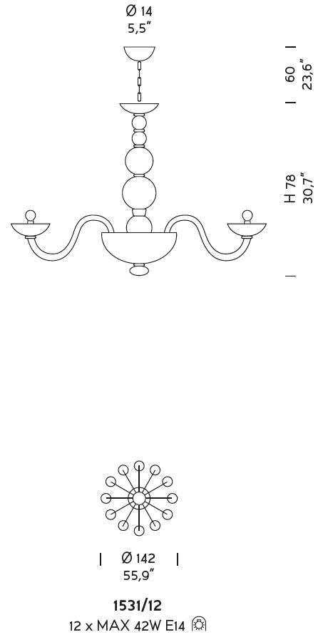 Sylcom Candiano 1531/12-D-GRY Gray Chandelier in Polished Gold Metal Finish