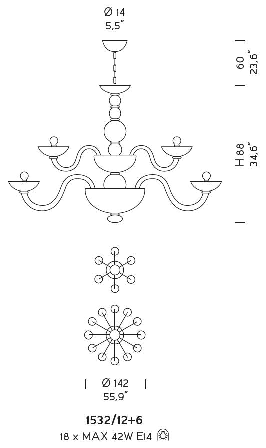 Sylcom Candiano 1532/12+6-K-BLCR Milky White Clear Chandelier in Polished Chrome Metal Finish