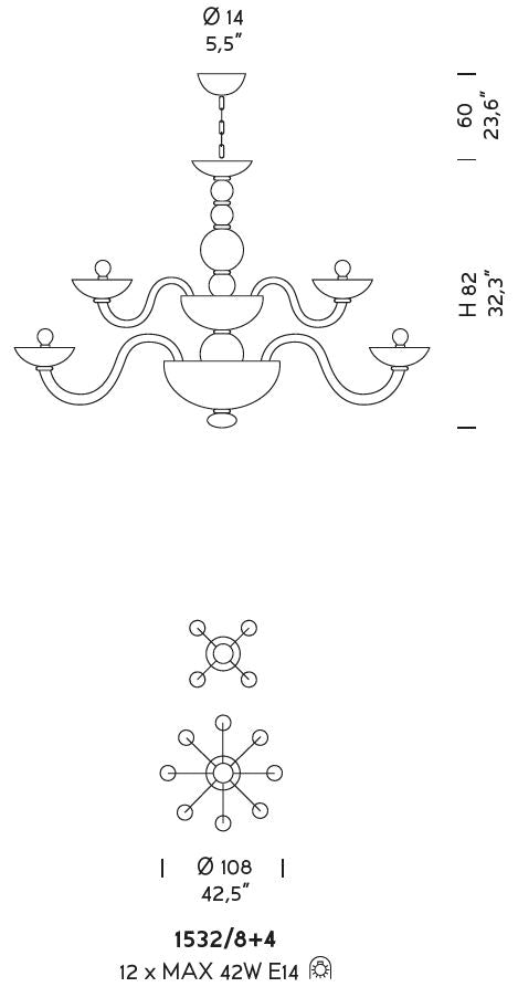Sylcom Candiano 1532/8+4-K-BLCR Milky White Clear Chandelier in Polished Chrome Metal Finish