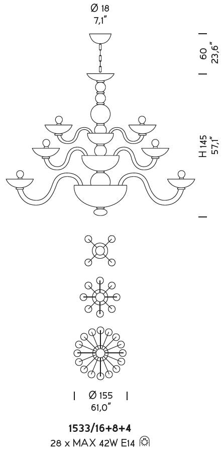 Sylcom Candiano 1533/16+8+4-D-OCE Ocean Chandelier in Polished Gold Metal Finish