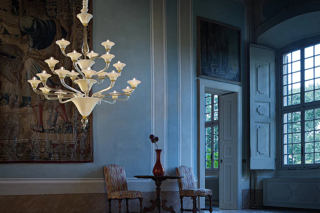 Sylcom Corner 1544/12+6+3-D-BLAV.AV Milky Ivory and Ivory Chandelier in Polished Gold Metal Finish