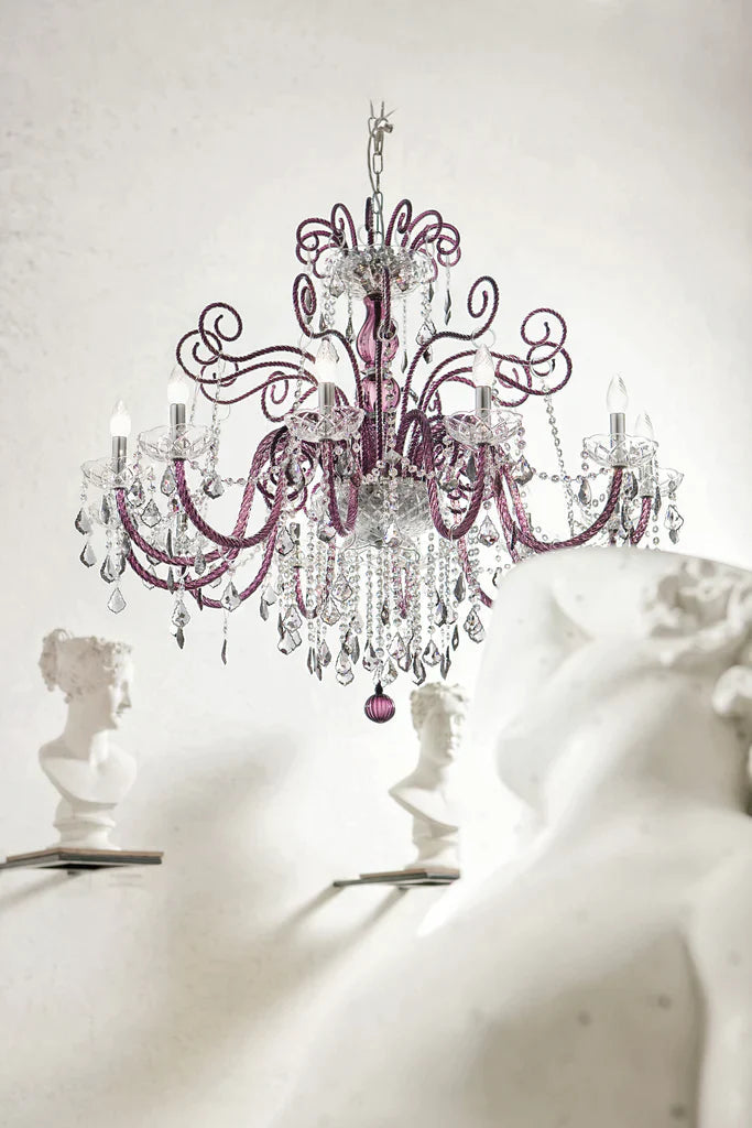 Sylcom Dandolo 947/12-K-AMT Amethyst with lead pendants Chandelier in Polished Chrome Metal Finish