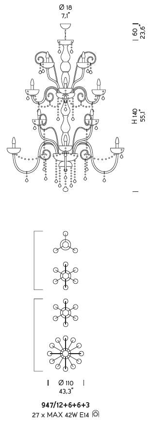 Sylcom Dandolo 947/12+6+6+3-K-AMT Amethyst with lead pendants Chandelier in Polished Chrome Metal Finish