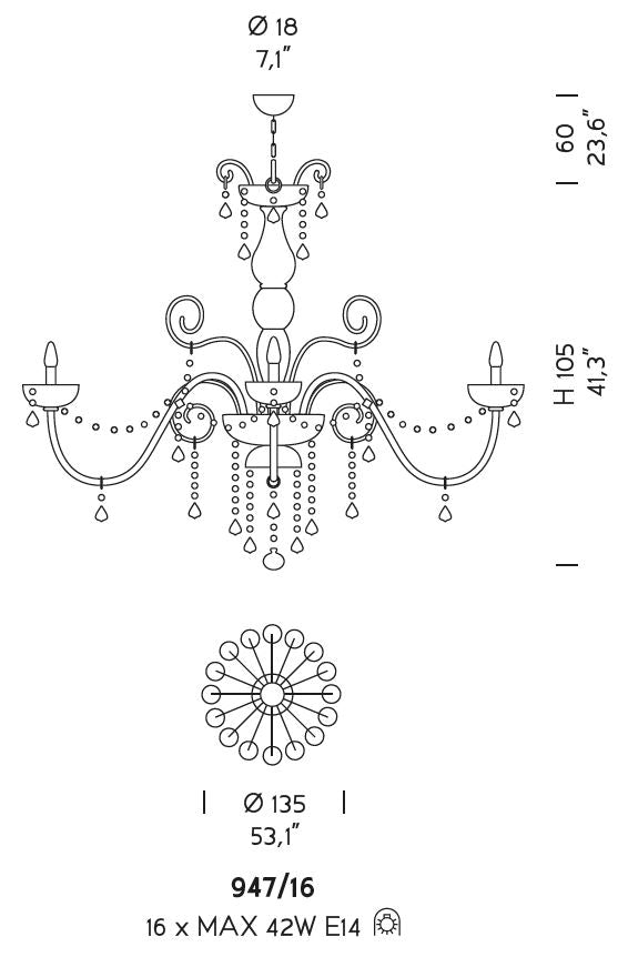 Sylcom Dandolo 947/16-D-DEN Denim with lead pendants Chandelier in Polished Gold Metal Finish