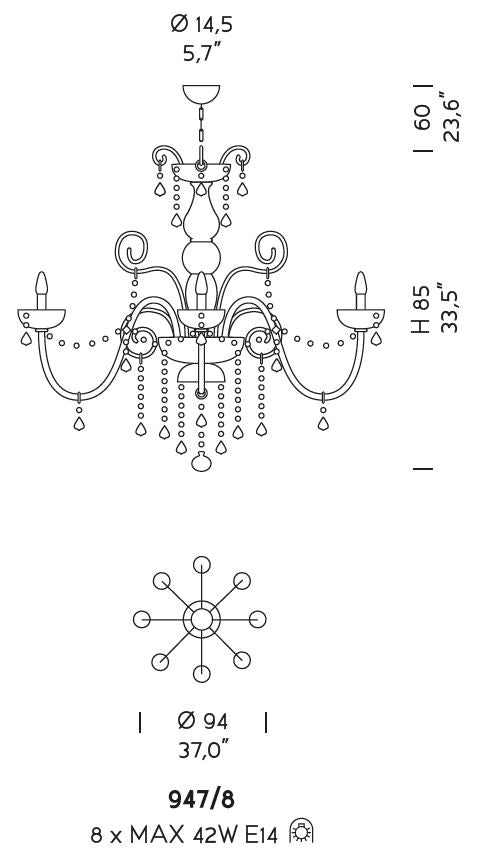 Sylcom Dandolo 947/8-D-BL Milk White with lead pendants Chandelier in Polished Gold Metal Finish