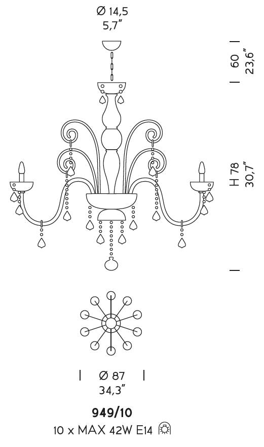 Sylcom Dandolo 949/10-K-DEN Denim with lead pendants Chandelier in Polished Chrome Metal Finish