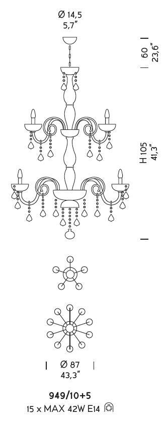 Sylcom Dandolo 949/10+5-K-DEN Denim with lead pendants Chandelier in Polished Chrome Metal Finish