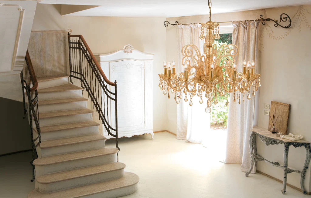 Sylcom Dandolo 949/12-D-D.A Amber Detailing with national pendants Chandelier in Polished Gold Metal Finish