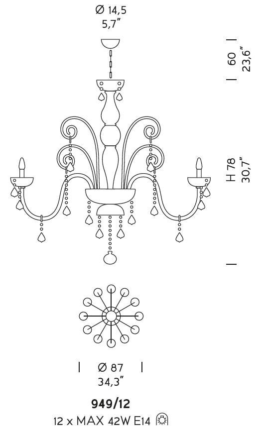 Sylcom Dandolo 949/12-K-CR.NAZ Crystal with national pendants Chandelier in Polished Chrome Metal Finish