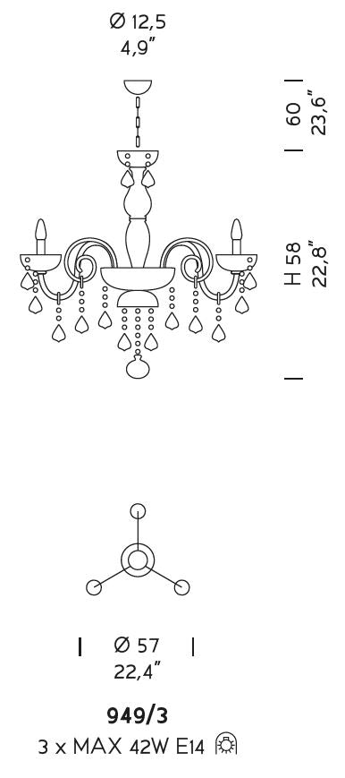 Sylcom Dandolo 949/3-D-DEN Denim with lead pendants Chandelier in Polished Gold Metal Finish