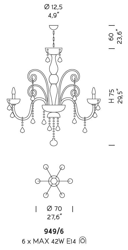 Sylcom Dandolo 949/6-K-GRY Gray with lead pendants Chandelier in Polished Chrome Metal Finish