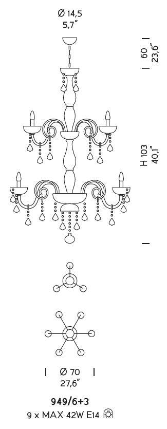 Sylcom Dandolo 949/6+3-D-D.A Amber Detailing with national pendants Chandelier in Polished Gold Metal Finish