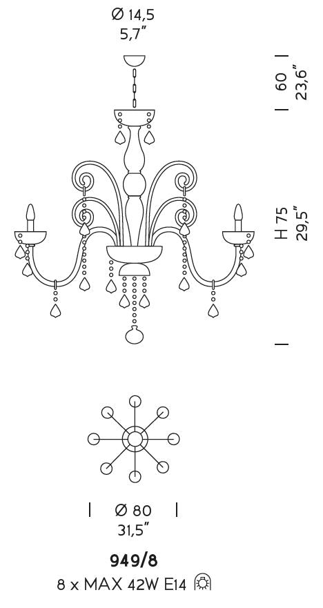 Sylcom Dandolo 949/8-K-OCE Ocean with lead pendants Chandelier in Polished Chrome Metal Finish