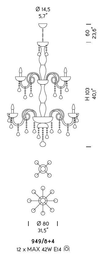 Sylcom Dandolo 949/8+4-K-BL Milk White with lead pendants Chandelier in Polished Chrome Metal Finish