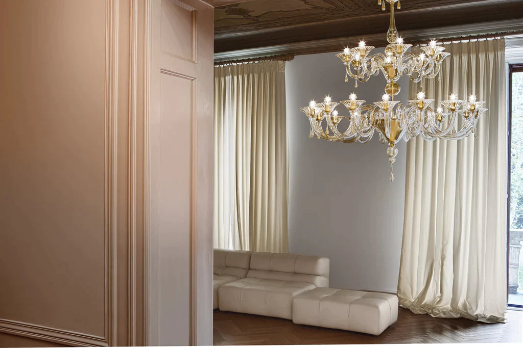Sylcom Dolfin 1380/16+8-D-CR.ORO Clear and 24 Kt Gold Chandelier in Polished Gold Metal Finish