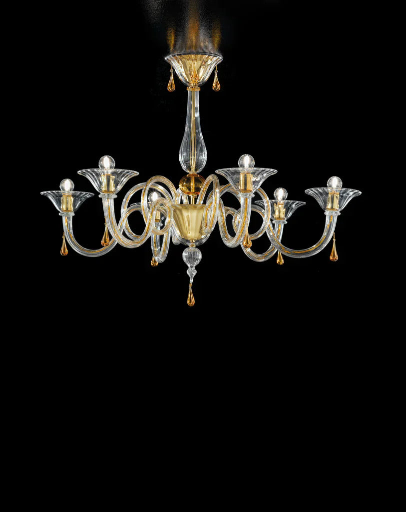 Sylcom Dolfin 1380/5-D-CR.ORO Clear and 24 Kt Gold Chandelier in Polished Gold Metal Finish