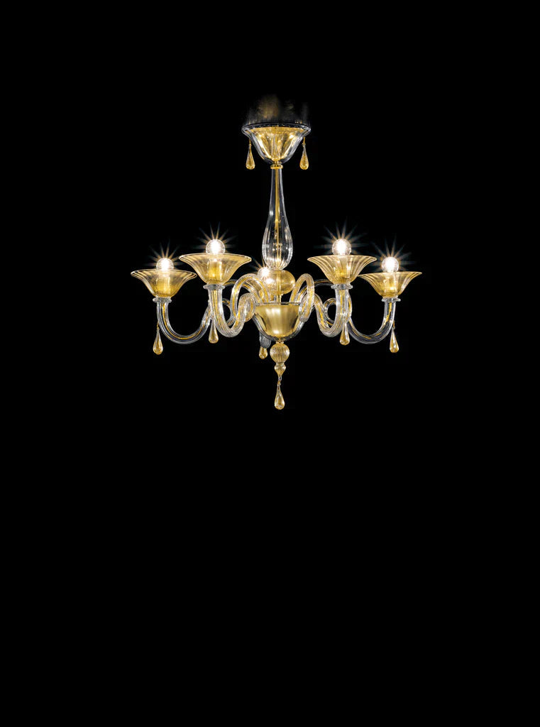 Sylcom Dolfin 1380/5-D-CR.ORO Clear and 24 Kt Gold Chandelier in Polished Gold Metal Finish